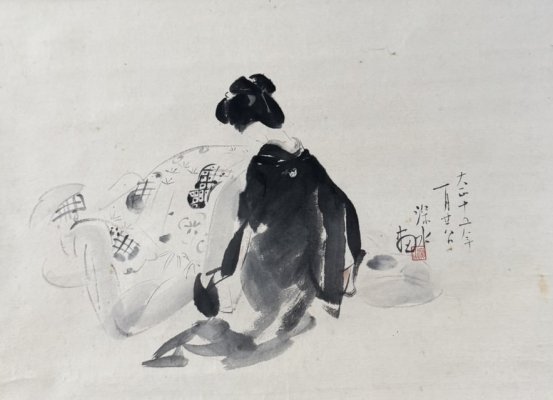 伊東深水(いとうしんすい) 美人画 掛け軸 墨の濃淡のみで描かれた日本画の技術極まる美人画