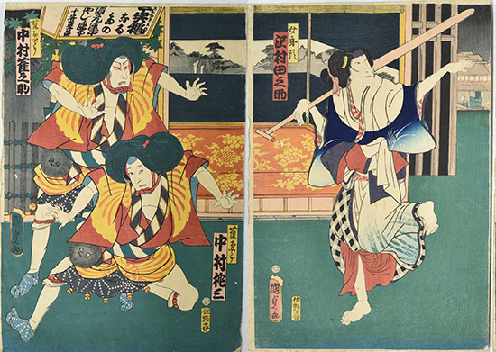 二代歌川国貞(歌川国政)「雀おどり 中村雀之助・中村桃三と女舟頭 沢村田之助」