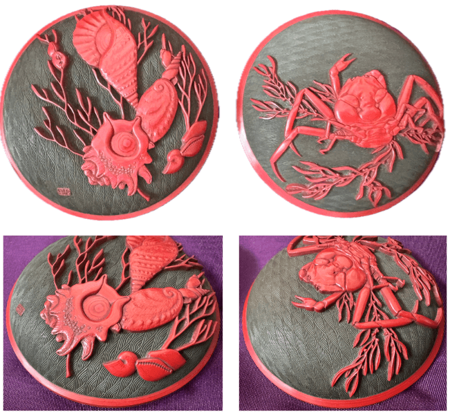 堆朱 (ついしゅ) 貝・蟹図 香合