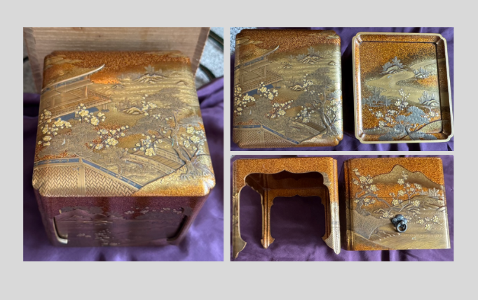 楼閣山水梅花文様 蒔絵箱