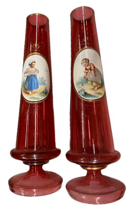 エナメル彩 クランベリーガラス 花瓶 一対