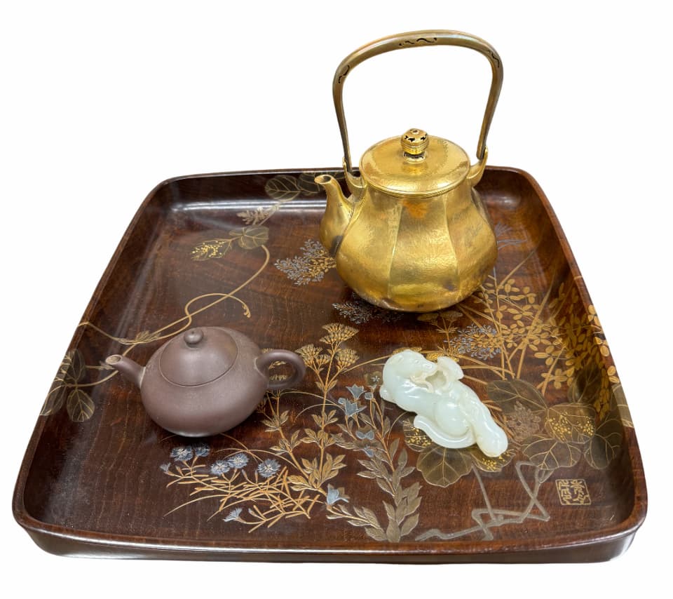 書道具セット「紫砂壺」「白玉製 獣形水盂」「鍍金鎚目水注」