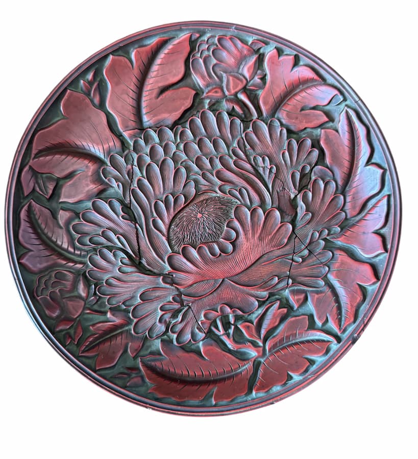 彫漆 牡丹図丸盆