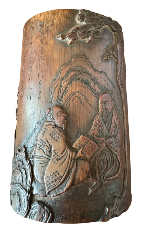 松下高士図 竹彫筆筒