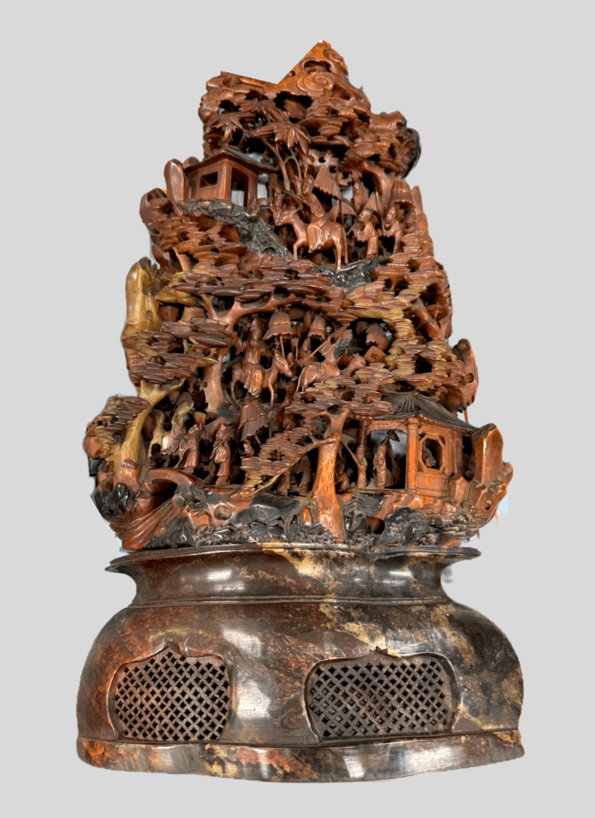 黄楊（つげ）木彫香炉 山水人物