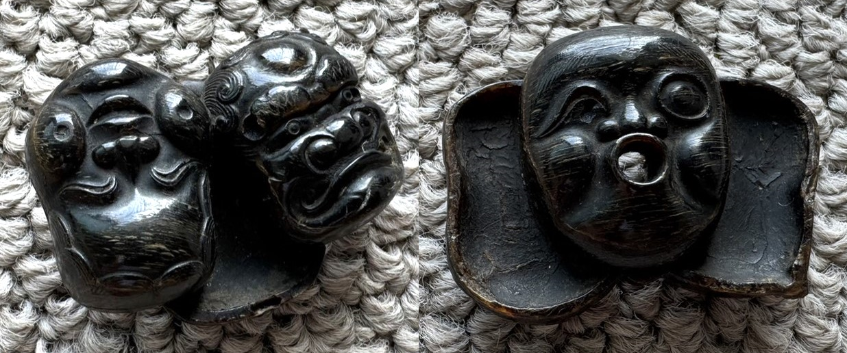 寄面根付 能面 おかめと鬼神面 ひょっとこ