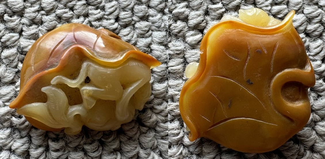 根付 玉石 葉に猿と金魚