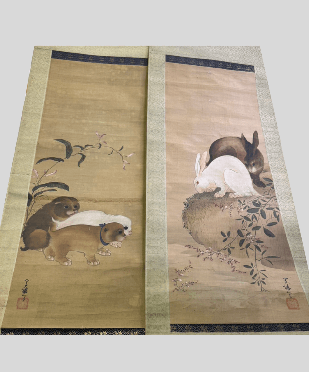 堤等琳（つつみ とうりん）による掛け軸「萩兎蓼（たで）犬画双幅」