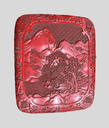 華舟銘 山水人物文 堆朱飾箱