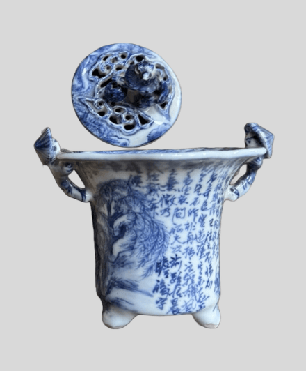 九谷焼 漢詩山水文 香炉