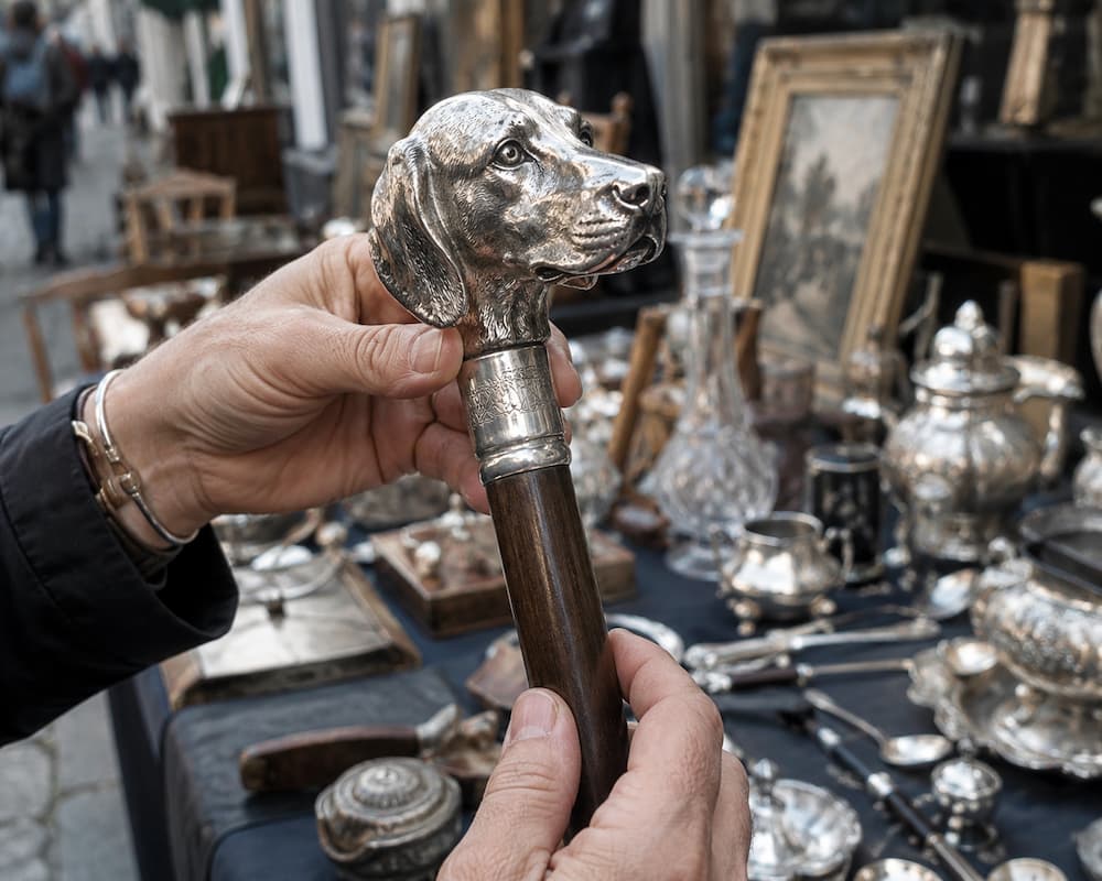 フランス パリの蚤の市と犬顔の持ち手のついたステッキ | 骨董品買取