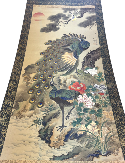 岡本秋暉 孔雀図 掛け軸