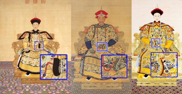 左から乾隆帝、康熙帝、光緒帝の肖像画