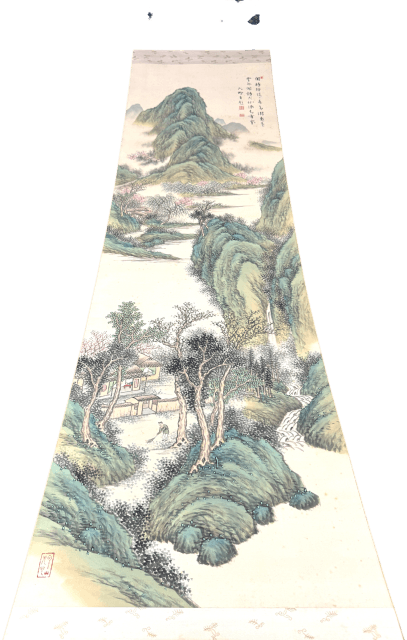 杉渓六橋 青緑渓山春靄図 掛け軸