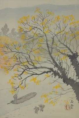 黄色い花の咲く木の下を船が往く、日常を切り取ったような作品