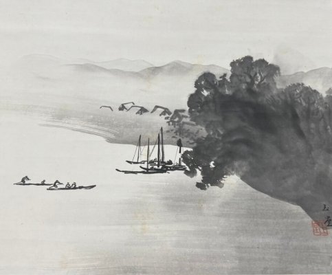 入江の港に集まる船の姿を描いたスケッチ的な風景画