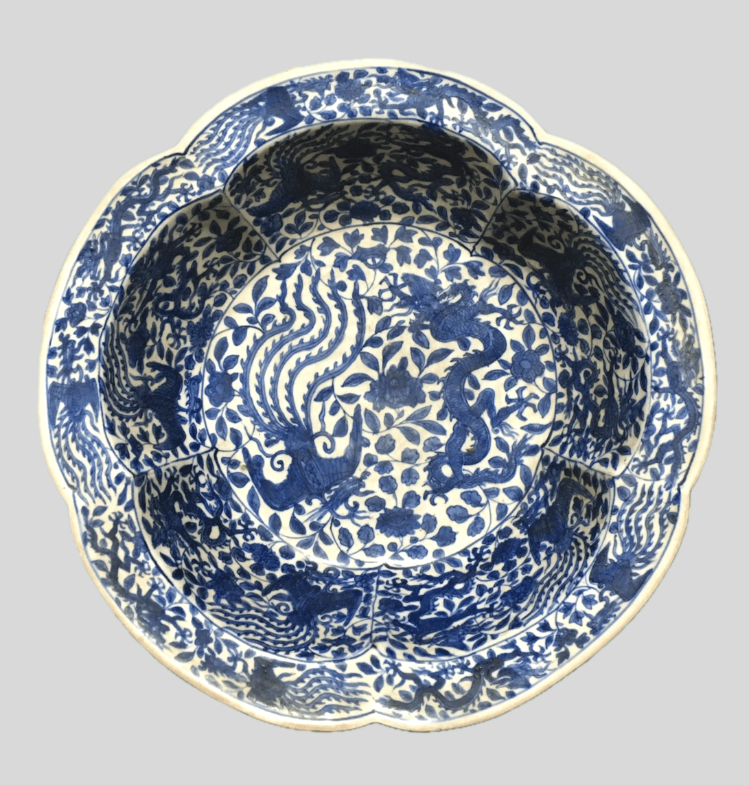 六角花 青花鳳凰龍文皿