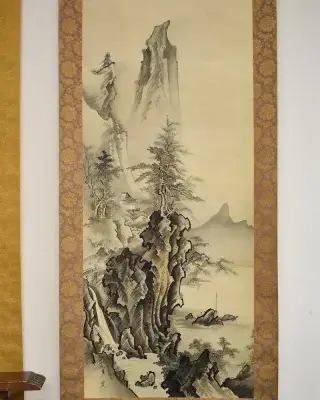 ※狩野芳崖_秋山飛瀑之図_中国の南宗画に由来する南画で良く描かれるモチーフの掛け軸